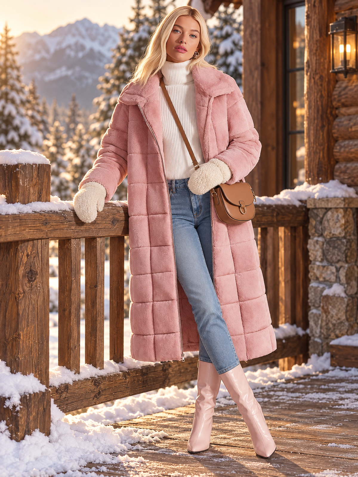 Cozy Elegant Women's Pink Plush Quilted Long Coat Zip-Up Lapel Warm Overcoat