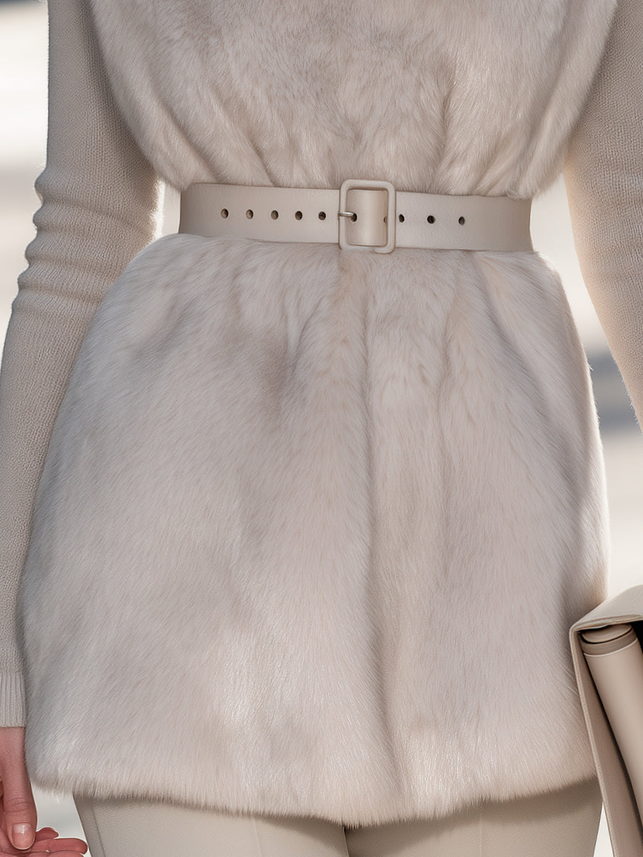 Belted Faux Fur Turtleneck Sleeveless Vest