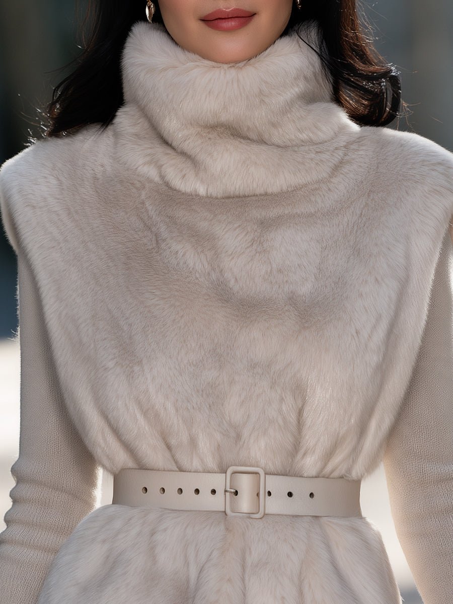 Belted Faux Fur Turtleneck Sleeveless Vest