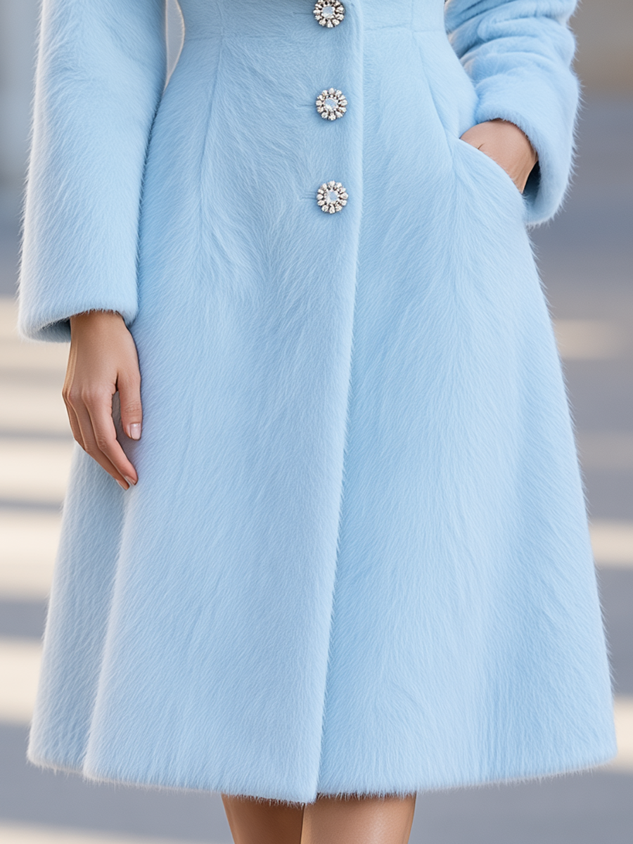 Oversized Collar & Jeweled Button Front Midi Overcoat