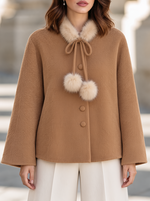 Elegant Fur-Trim Collar Button-Front Cape Short Coat