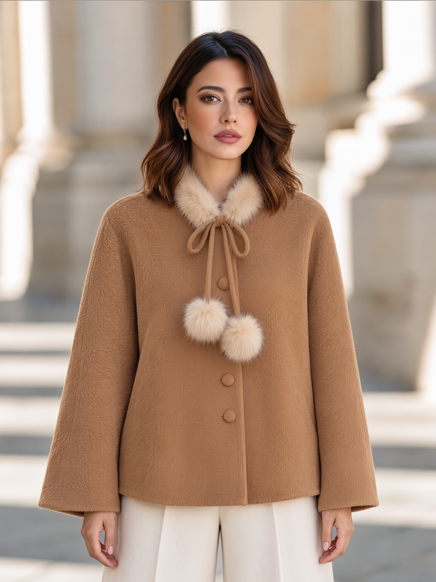 Elegant Fur-Trim Collar Button-Front Cape Short Coat