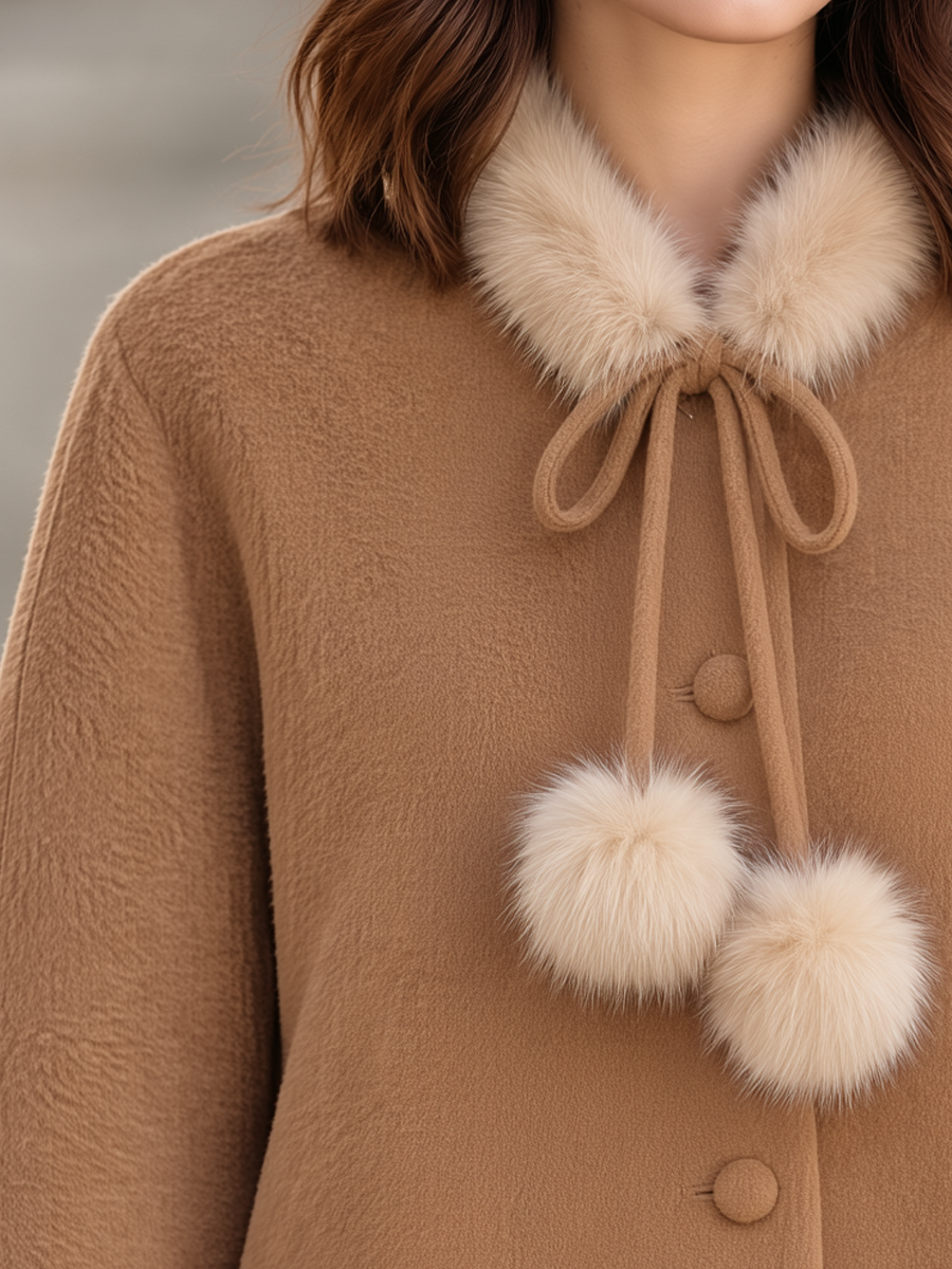 Elegant Fur-Trim Collar Button-Front Cape Short Coat