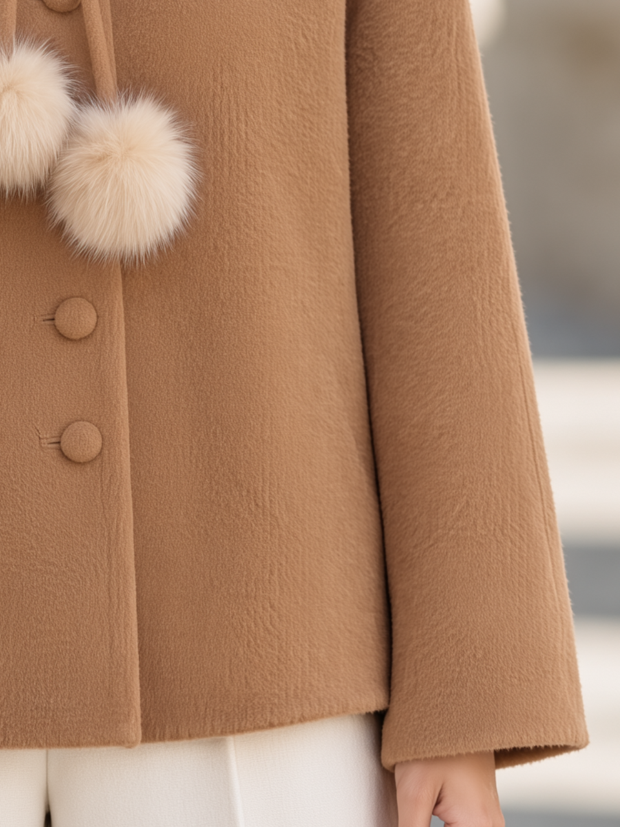 Elegant Fur-Trim Collar Button-Front Cape Short Coat