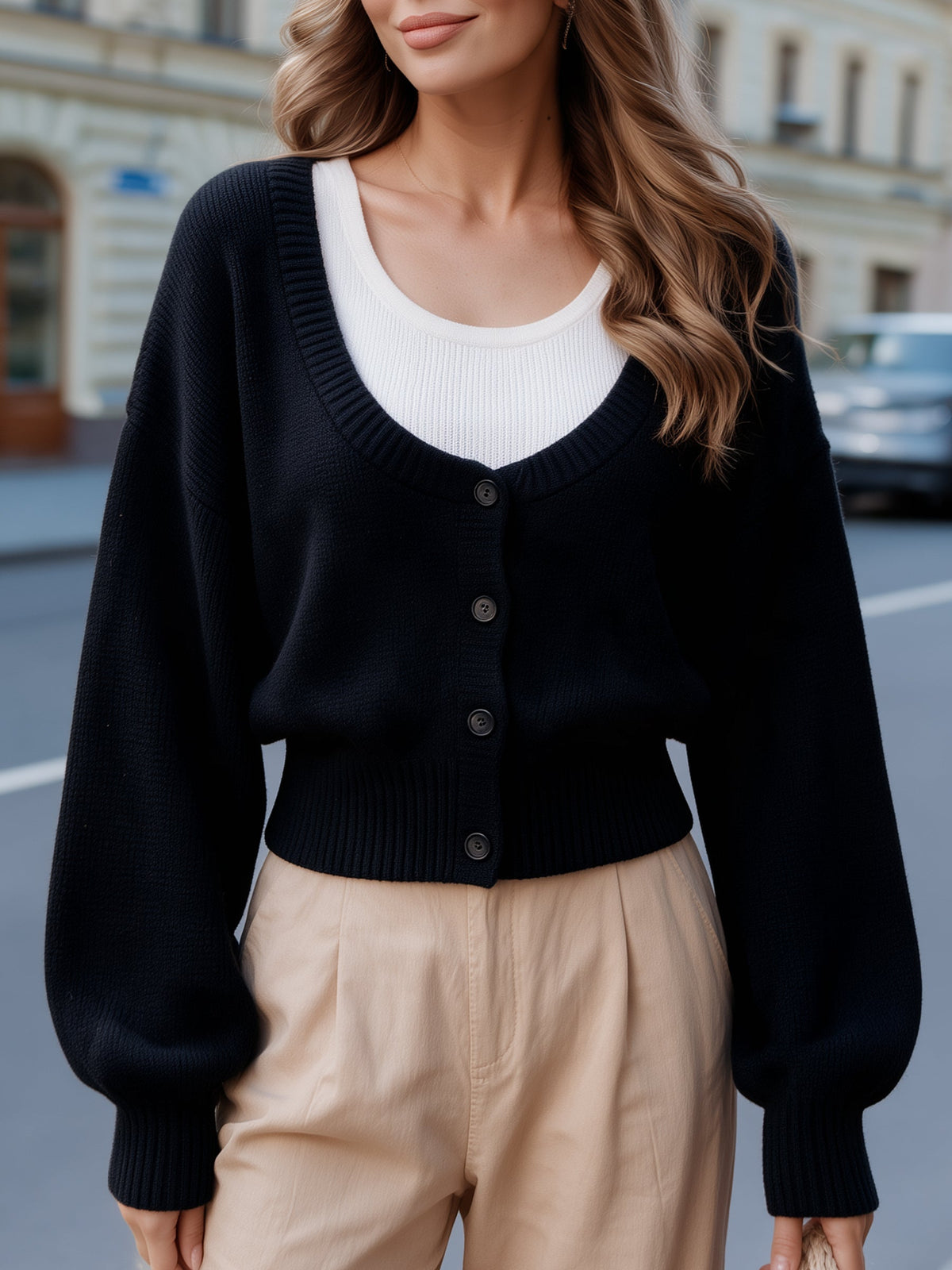 Women's Cropped V-Neck Knit Cardigan with Button Front