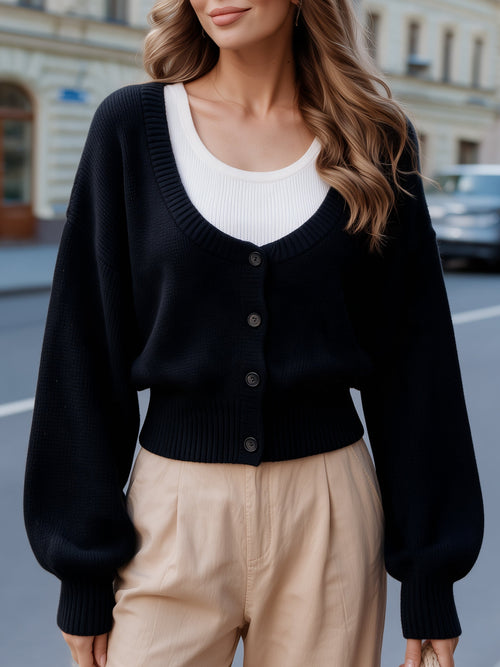 Women's Cropped V-Neck Knit Cardigan with Button Front