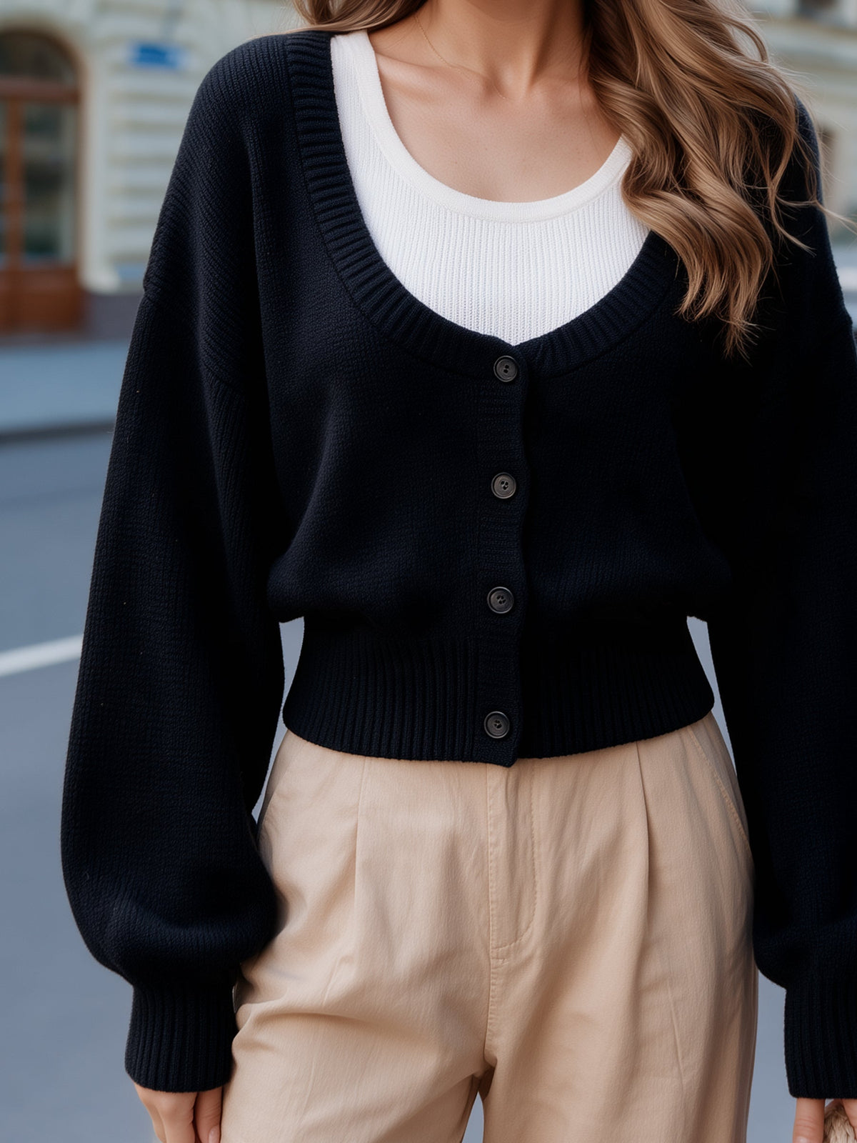 Women's Cropped V-Neck Knit Cardigan with Button Front