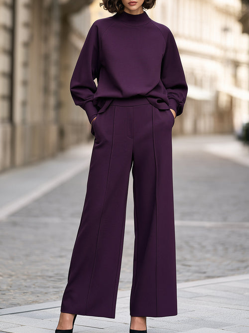 Mock-Neck Top And Wide-Leg Pants Two-Piece Set