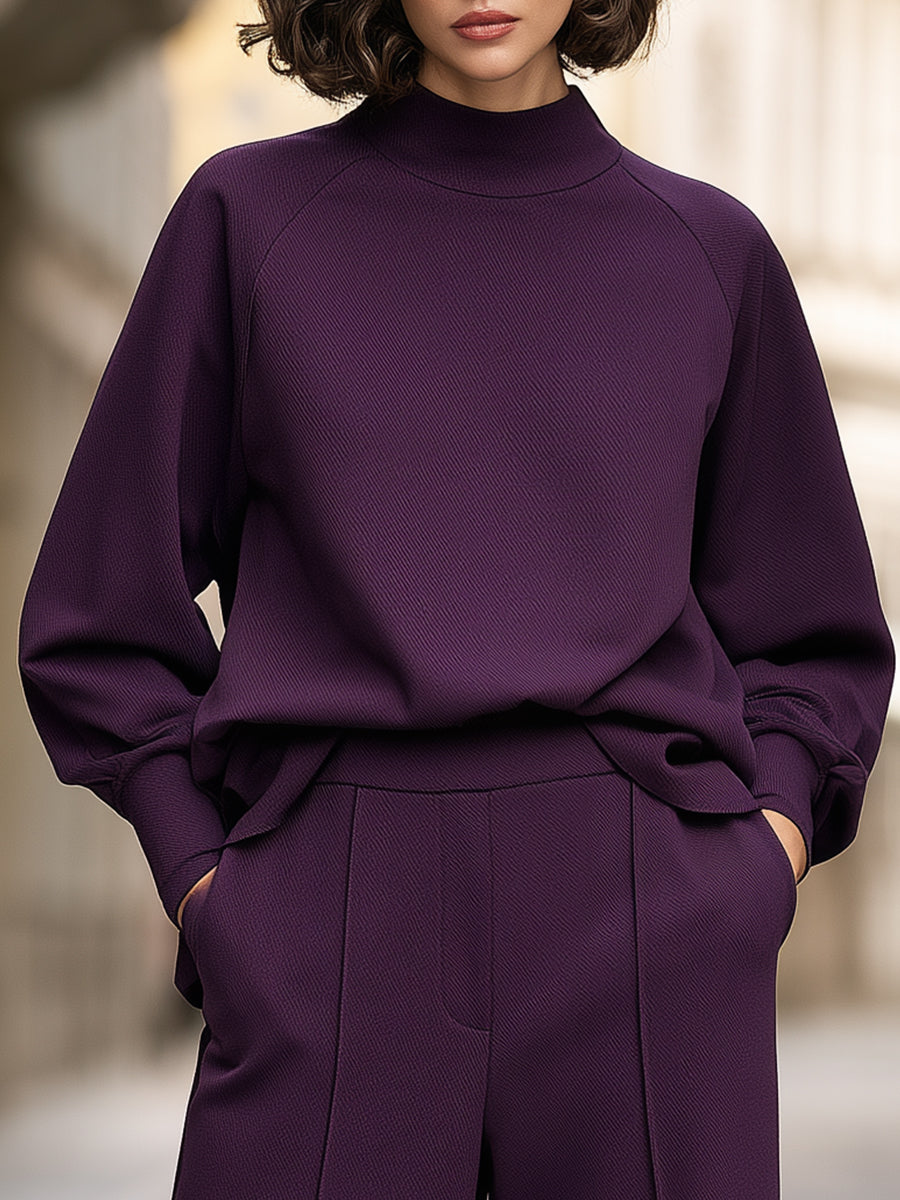 Mock-Neck Top And Wide-Leg Pants Two-Piece Set