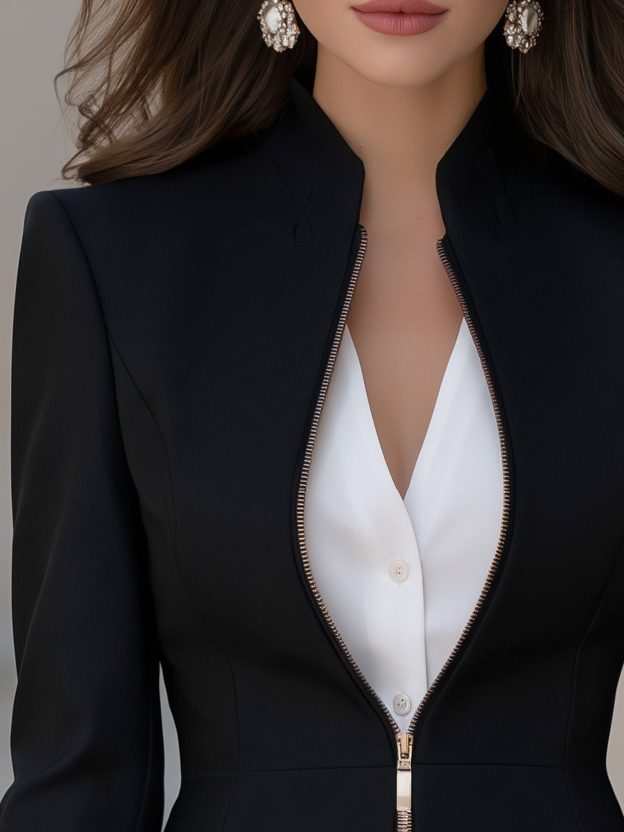 Fake Two Piece Stand Collar Zip-Up Fitted Blazer