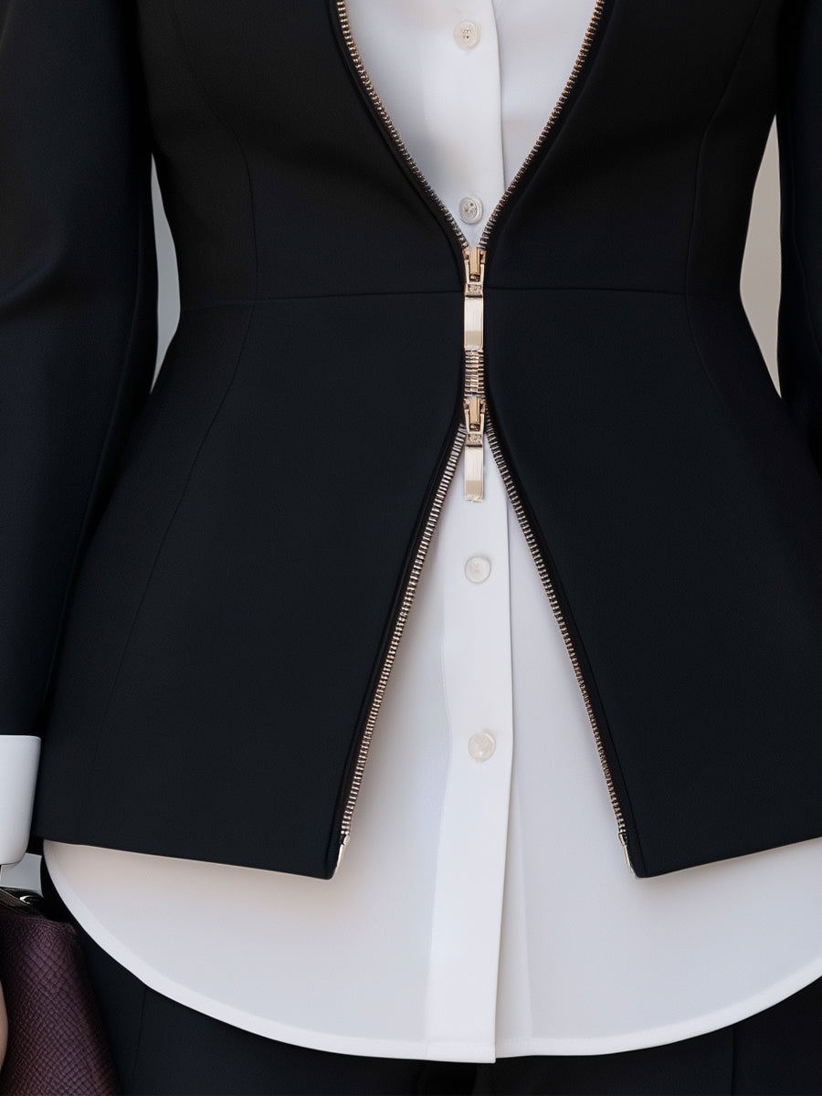 Fake Two Piece Stand Collar Zip-Up Fitted Blazer