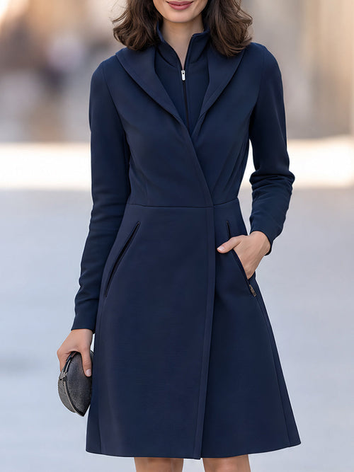 Women's Elegant Navy Blue Long-Length Hooded Sweatshirt Dress With Zipper