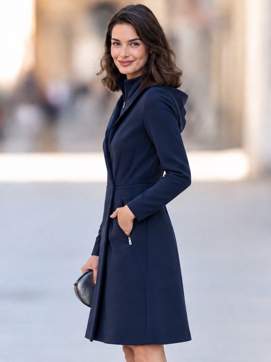Women's Elegant Navy Blue Long-Length Hooded Sweatshirt Dress With Zipper