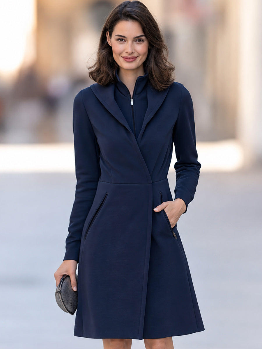 Women's Elegant Navy Blue Long-Length Hooded Sweatshirt Dress With Zipper