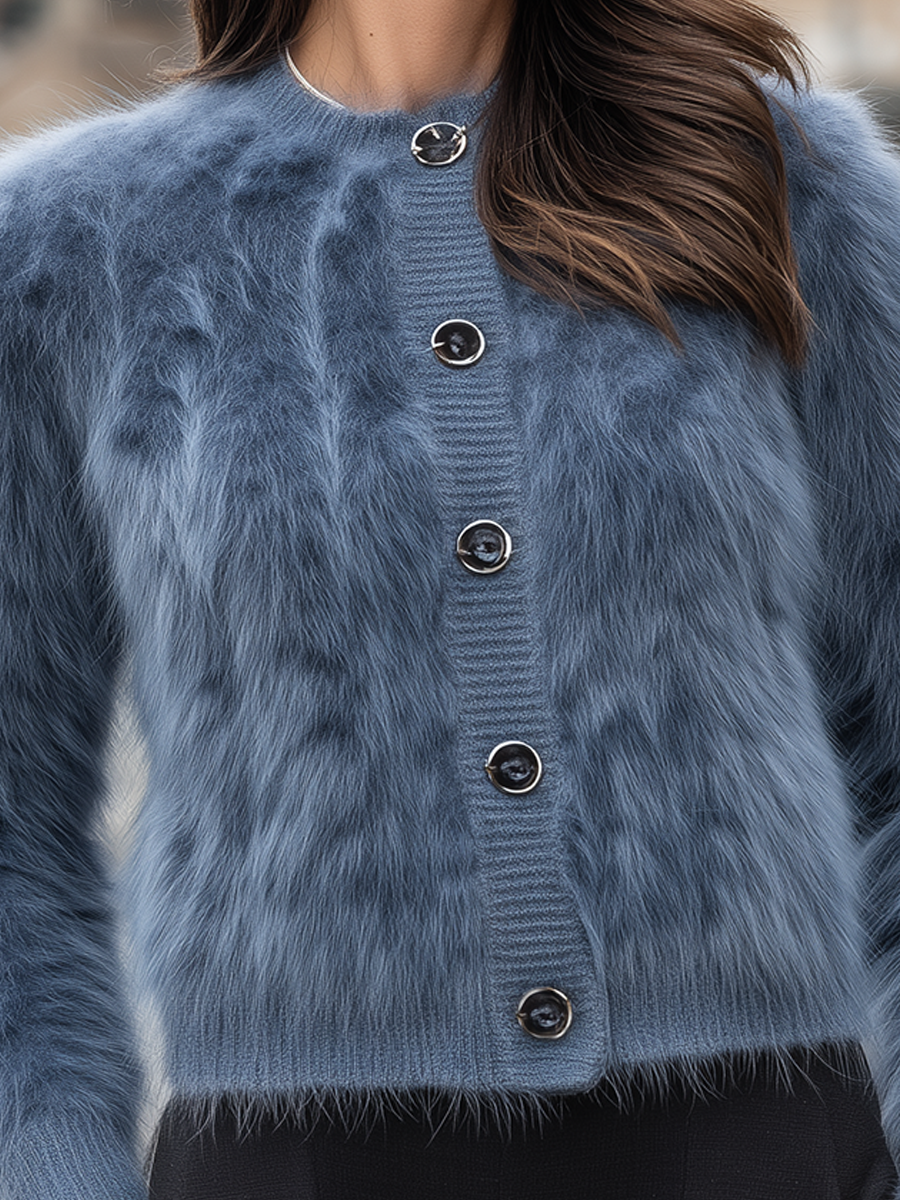 Dusty Blue Fuzzy Mohair Round Neck Knit Cardigan