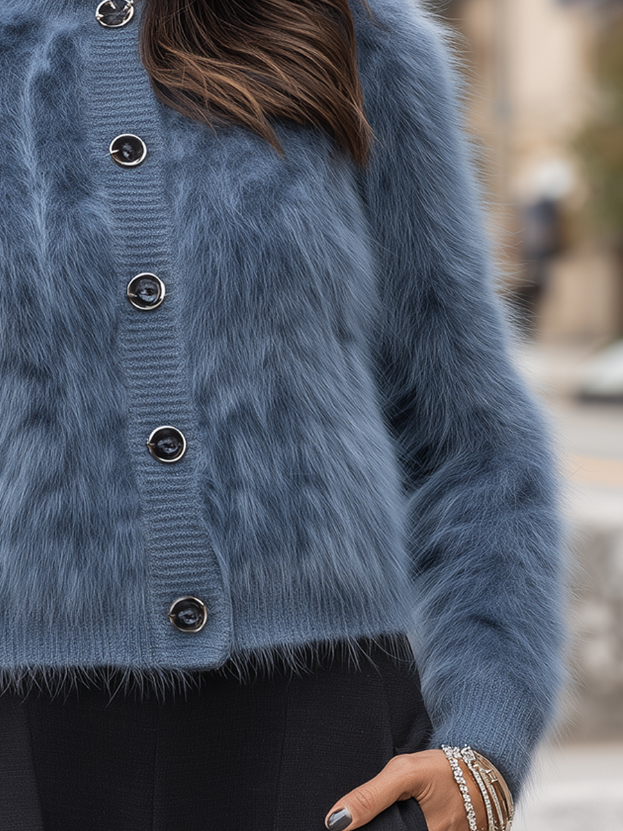 Dusty Blue Fuzzy Mohair Round Neck Knit Cardigan