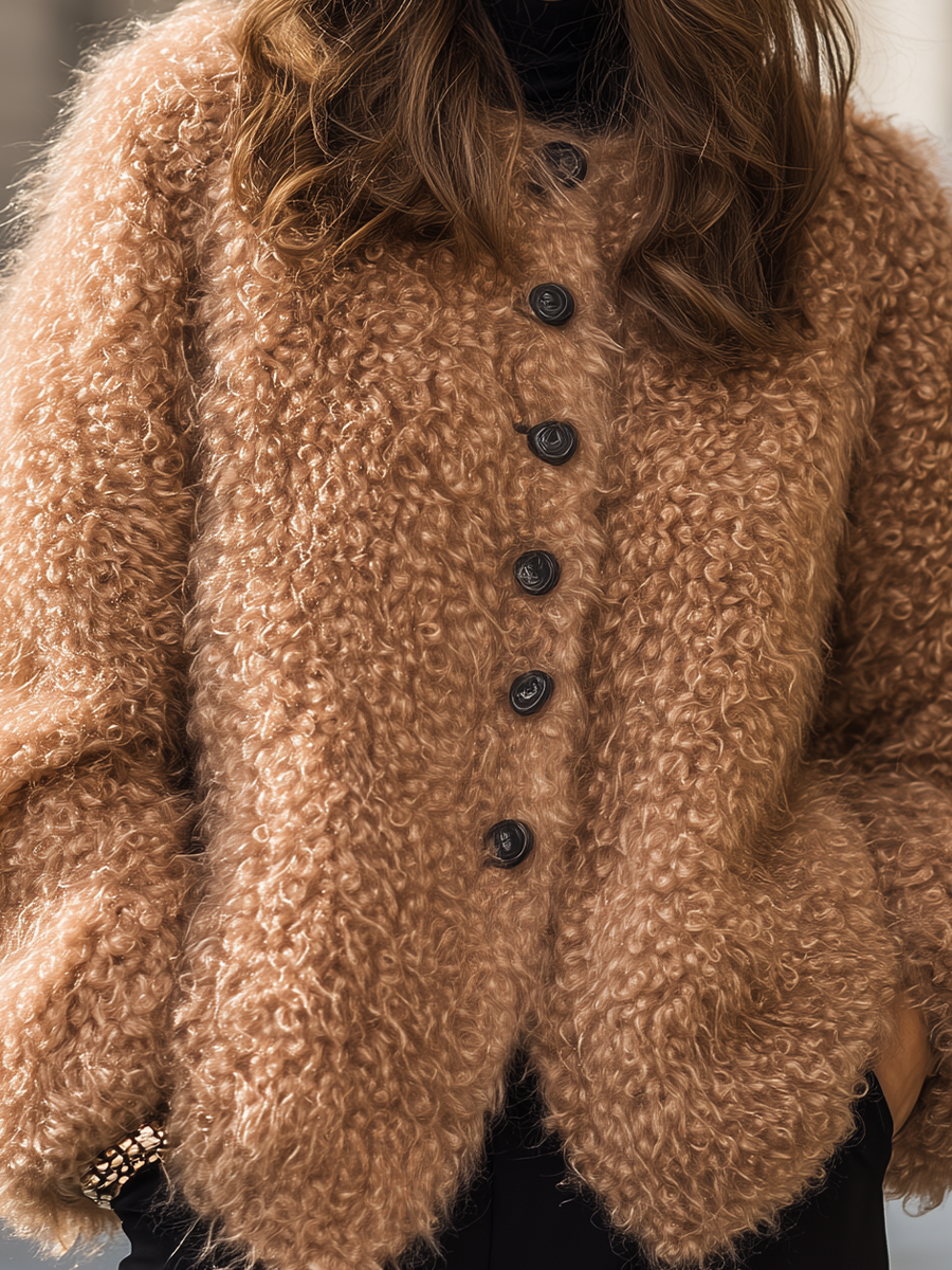 Camel Curly Fuzzy Knit Round Neck Cardigan