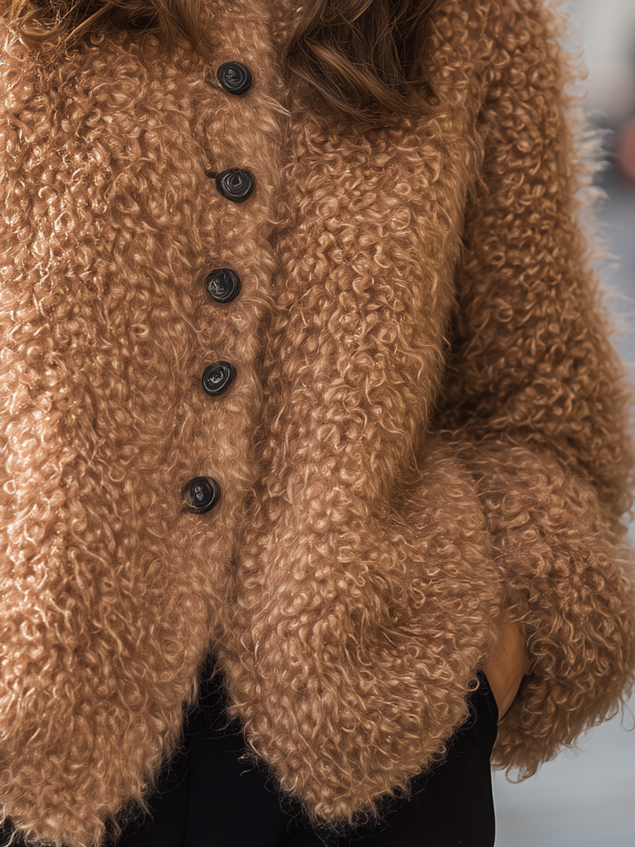 Camel Curly Fuzzy Knit Round Neck Cardigan