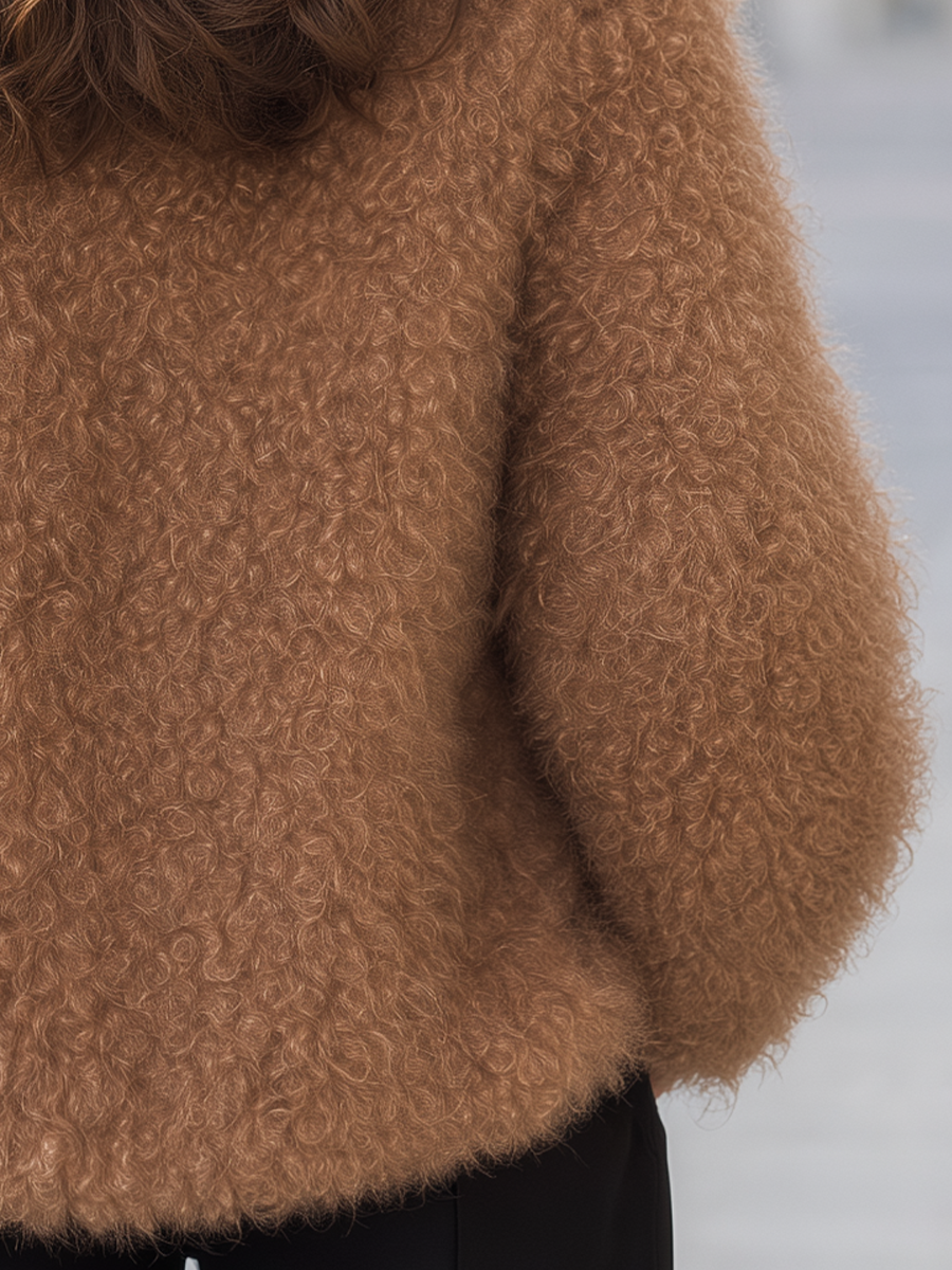 Camel Curly Fuzzy Knit Round Neck Cardigan