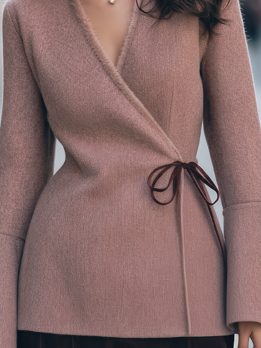 Dusty Pink Wrap V-Neck Tie Waist Flare Sleeve Wool Coat