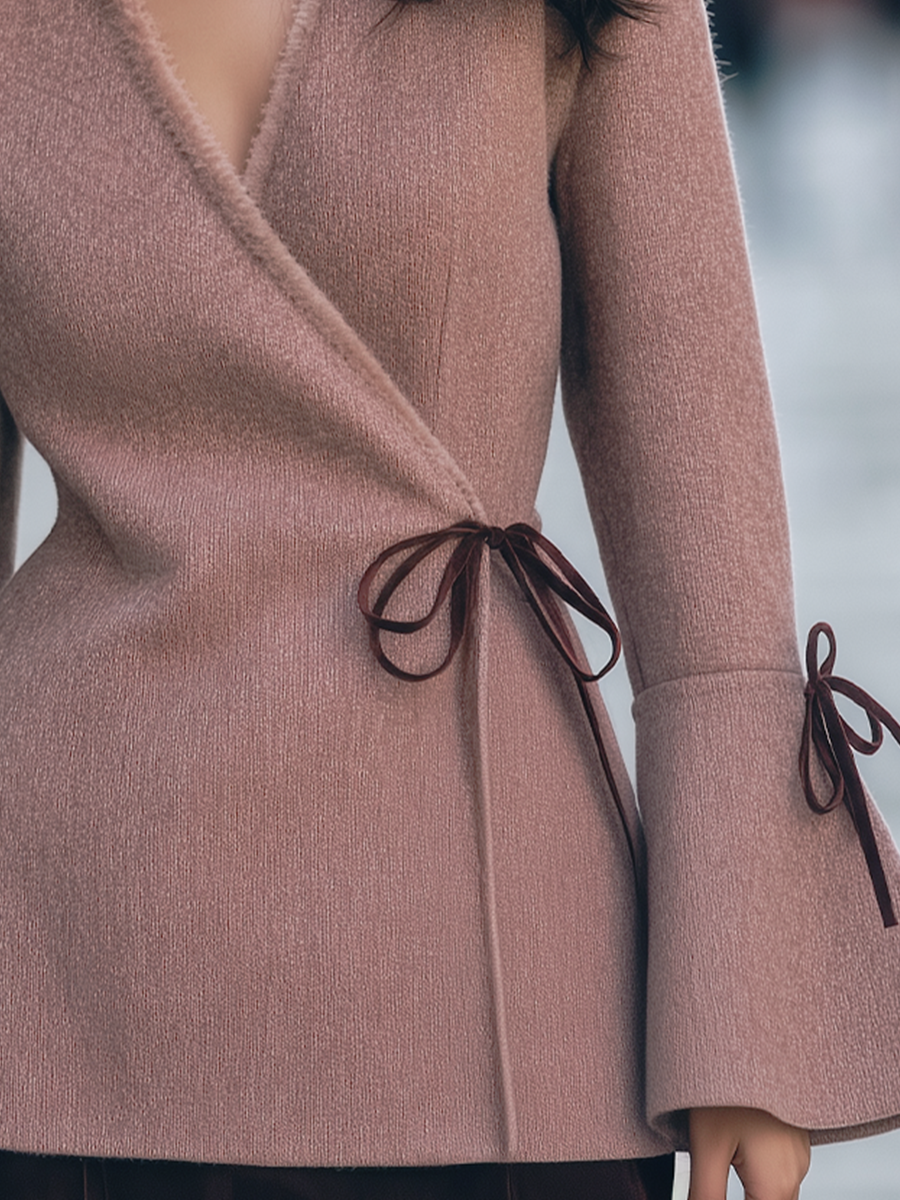 Dusty Pink Wrap V-Neck Tie Waist Flare Sleeve Wool Coat