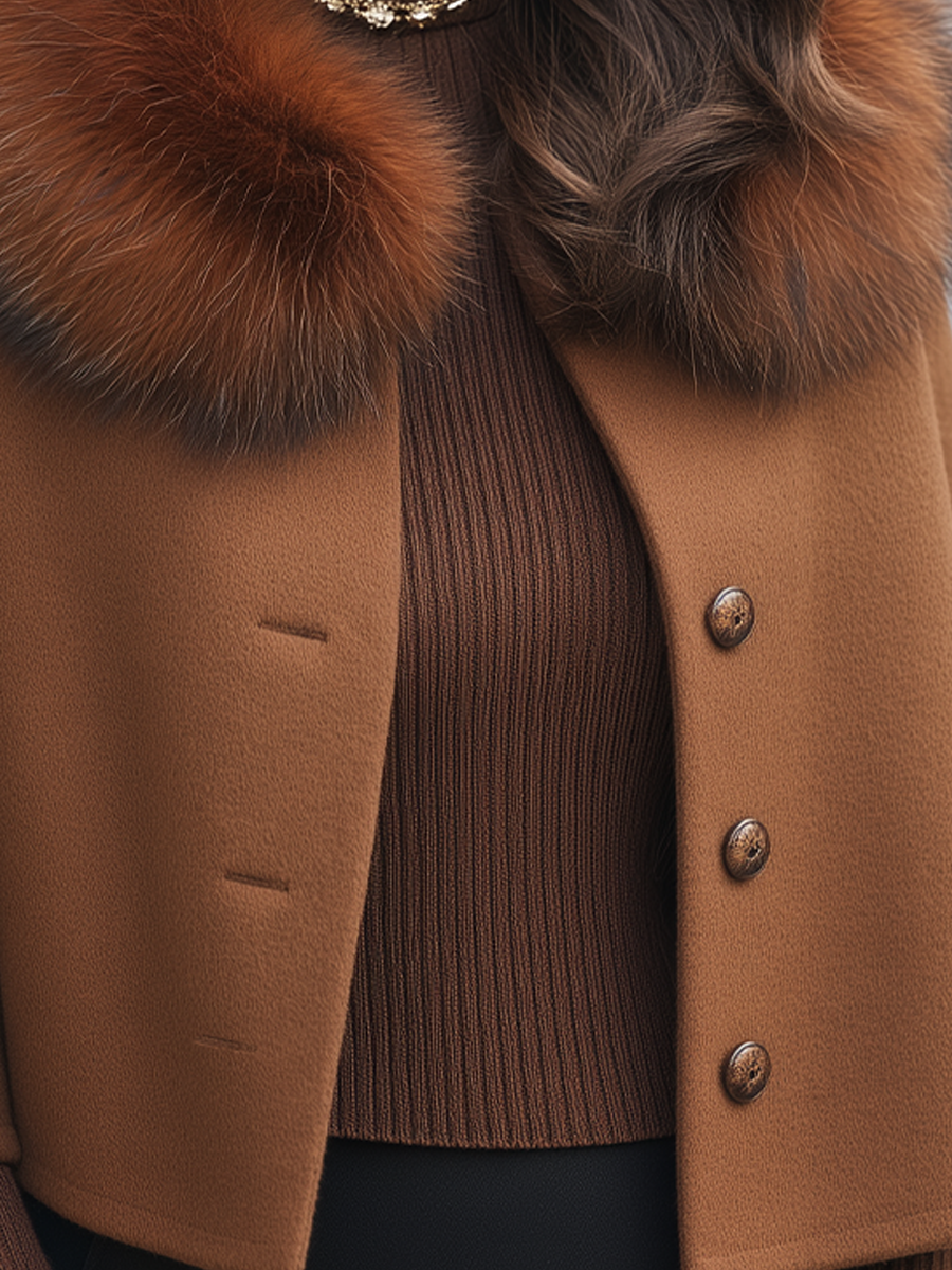Caramel Faux Fur Collar Cape Wool Coat Set