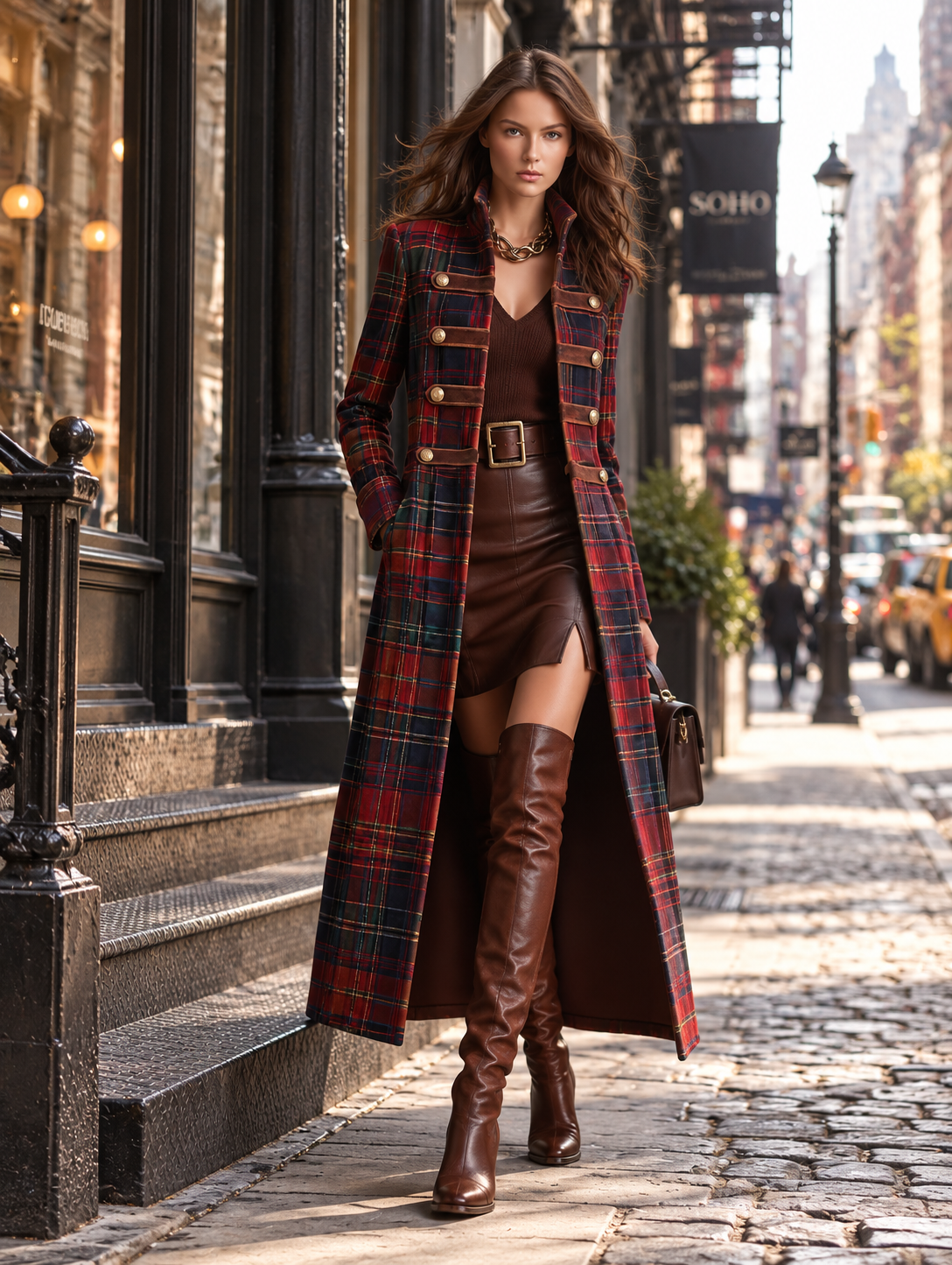 Women's Tartan Plaid Military Style Long Velvet Coat