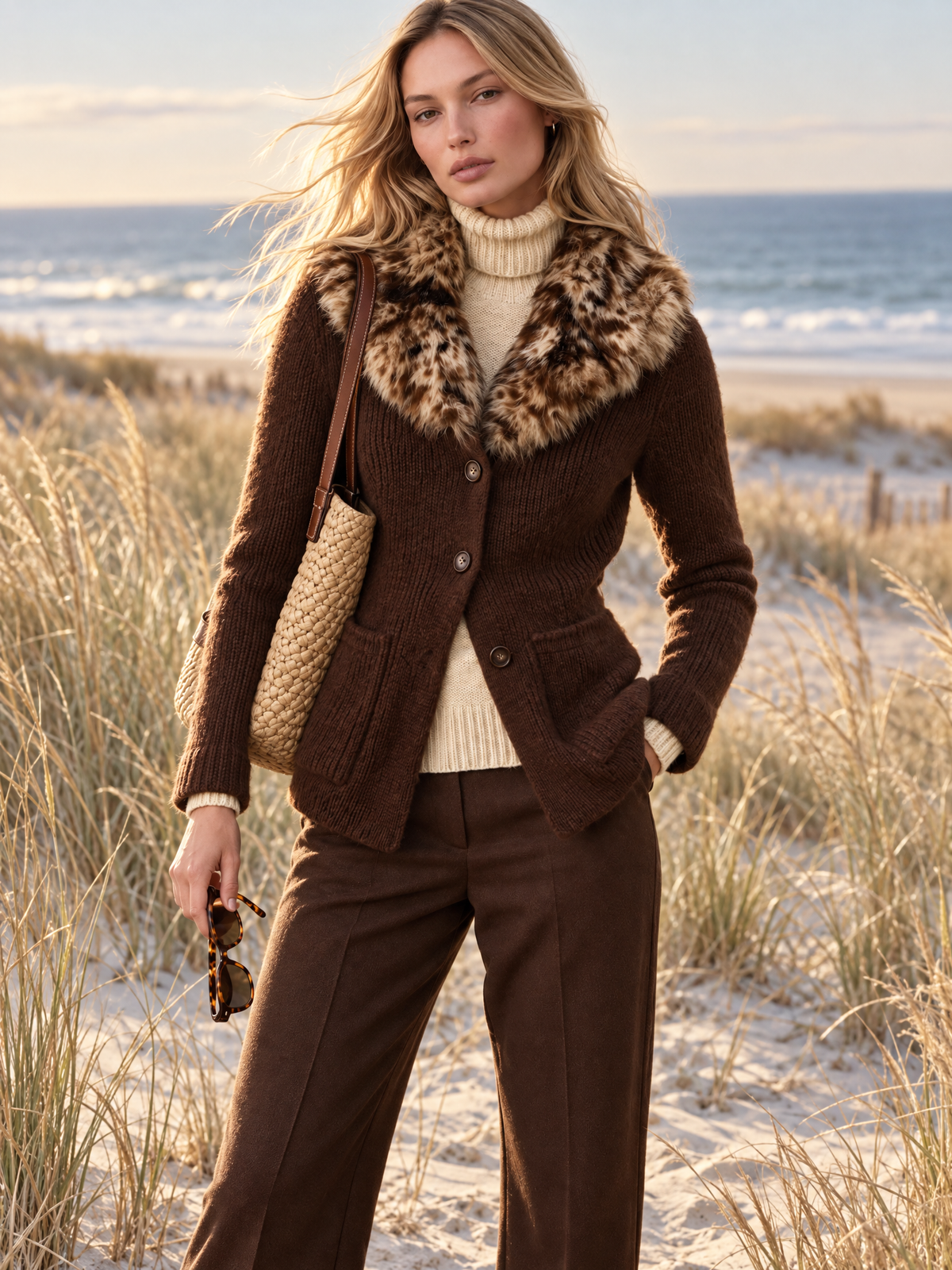 Vintage-Chic Women's Faux Fur Leopard Collar Chunky Knit Cardigan Sweater Jacket