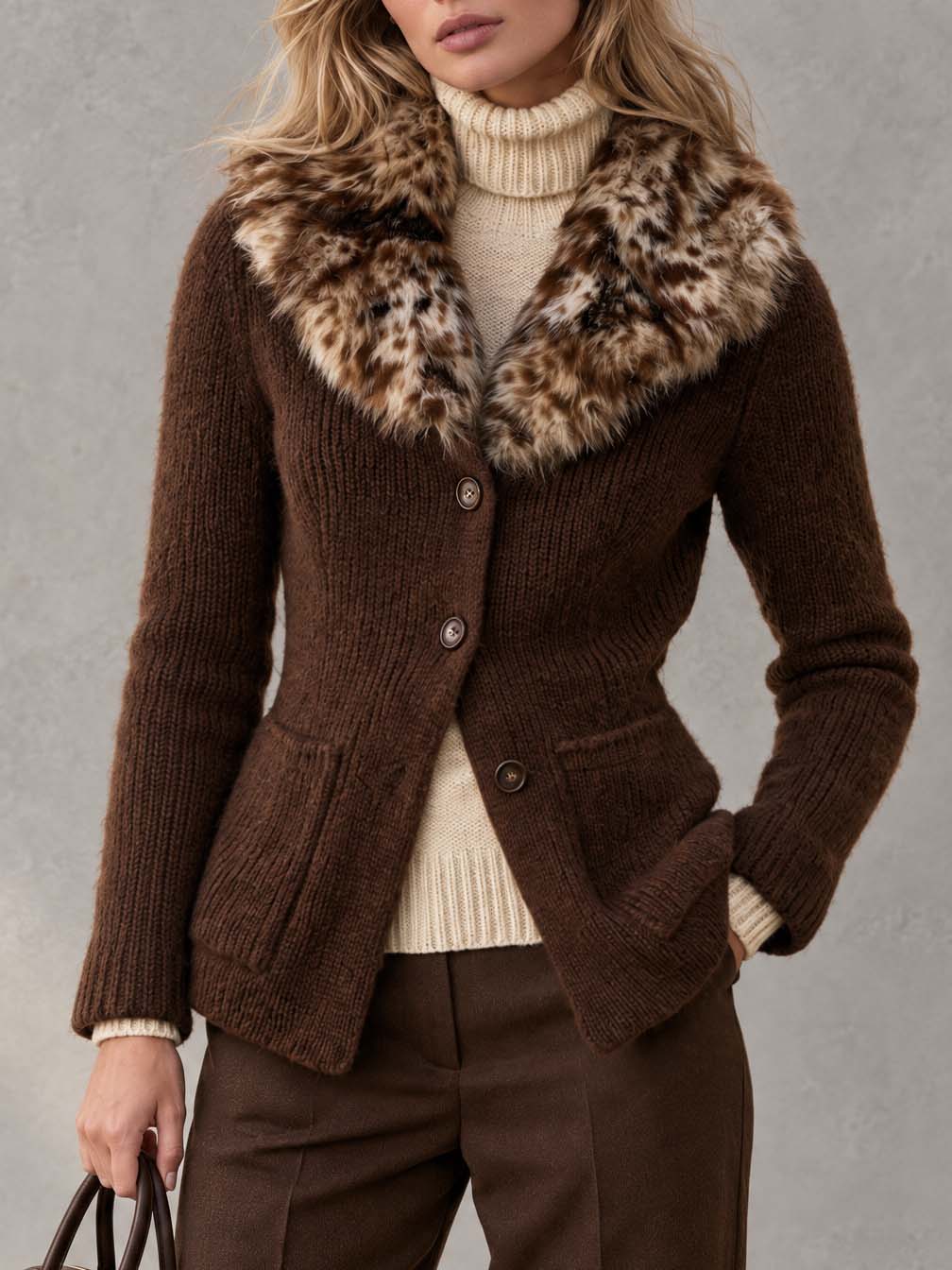 Vintage-Chic Women's Faux Fur Leopard Collar Chunky Knit Cardigan Sweater Jacket