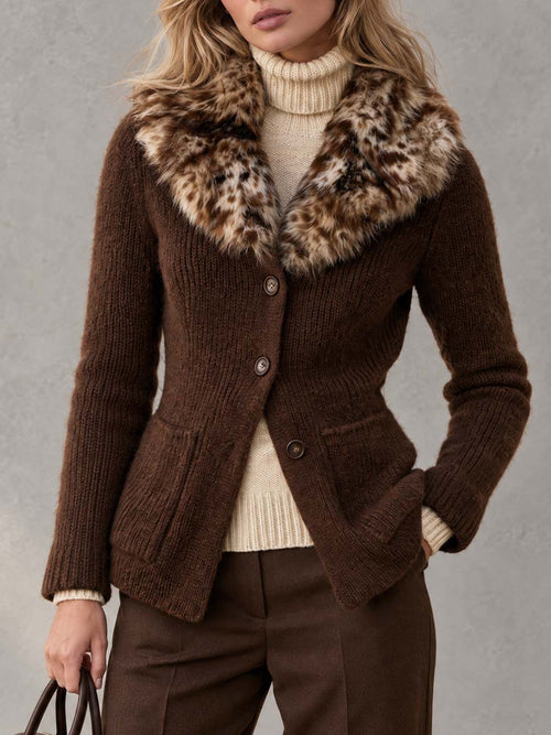 Vintage-Chic Women's Faux Fur Leopard Collar Chunky Knit Cardigan Sweater Jacket