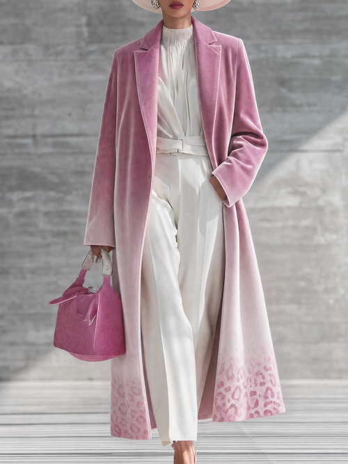 Elegant Women's Long Velvet Coat Pink Ombre Leopard Lapel Dressy Party Jacket Coat