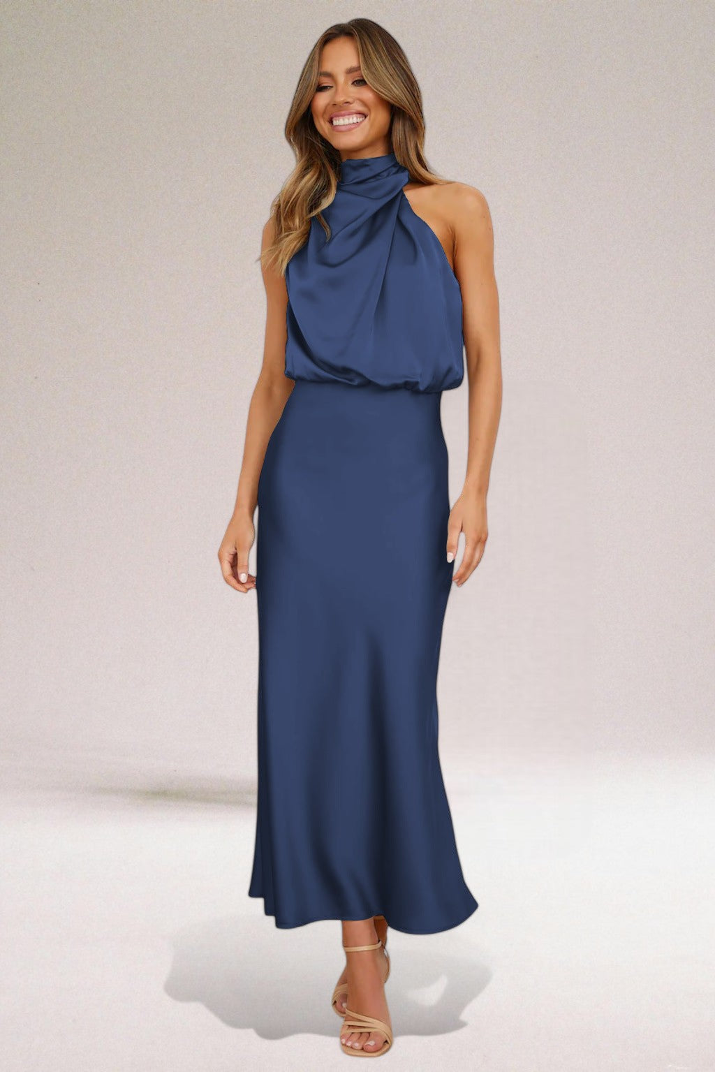 Women’s Halter-neck Maxi Dresses with High Neck and Drape Cowl Bodice