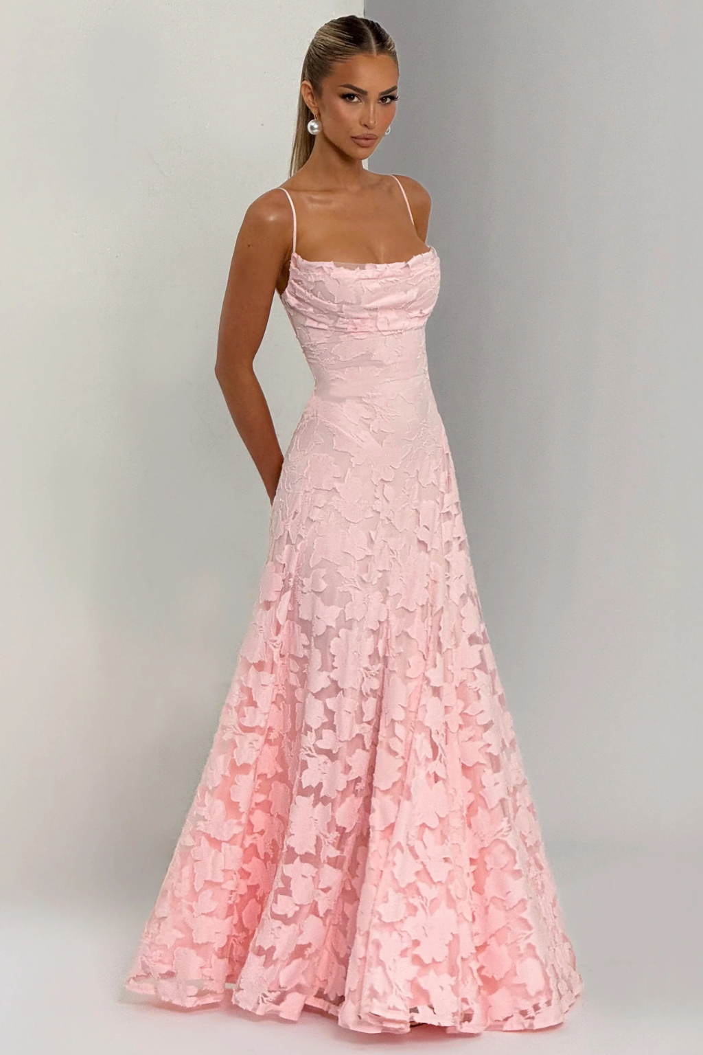 Women’s Maxi Dress with Cami Straps and Floral Brocade Texture