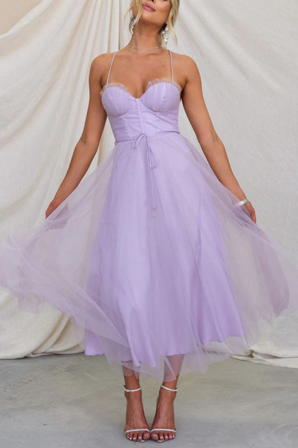 Women’s Midi Dress Corset Bodice Pleated Tulle Skirt