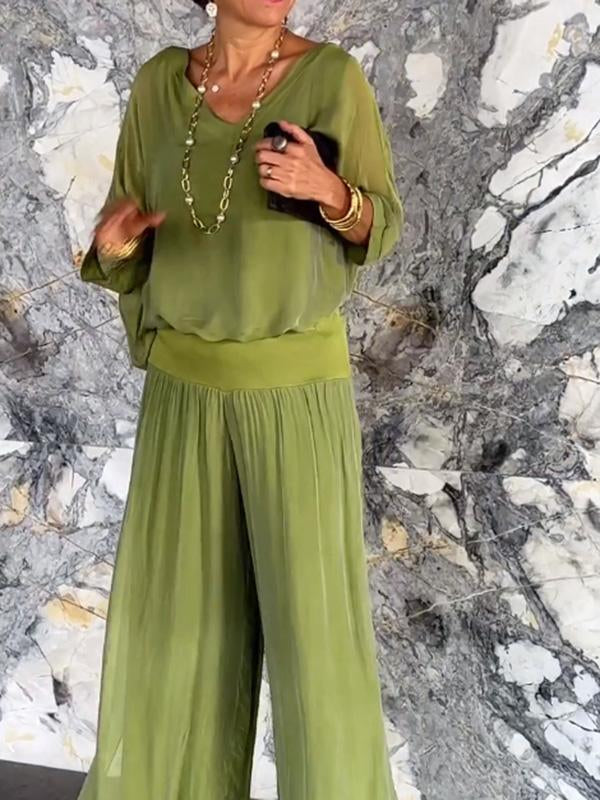 Women’s Two Piece Wide Leg Pant Set with V Neck Chiffon Tunic Top