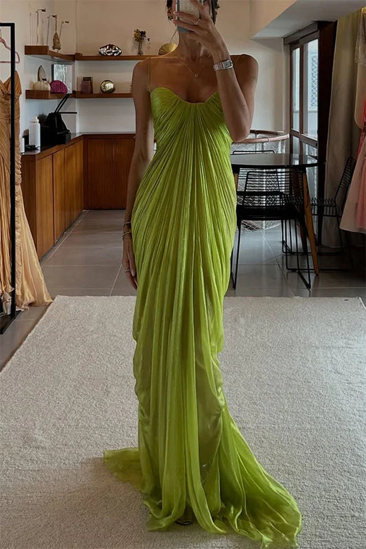 Women’s Maxi Dress with Shimmering Pleated Fabric and Lace-Up Back Detail