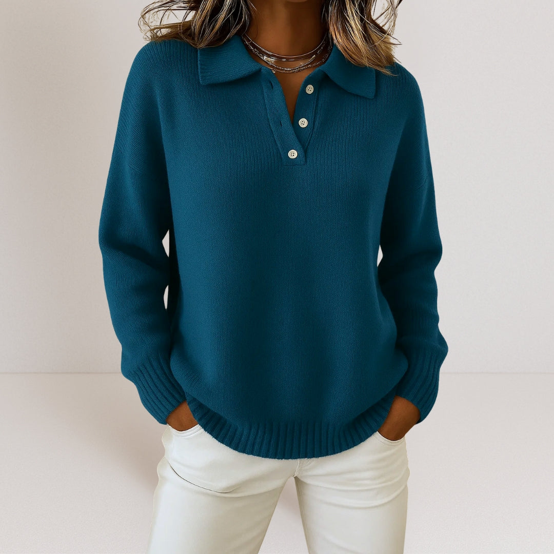 Women's Knit Polo Sweater With Button Placket