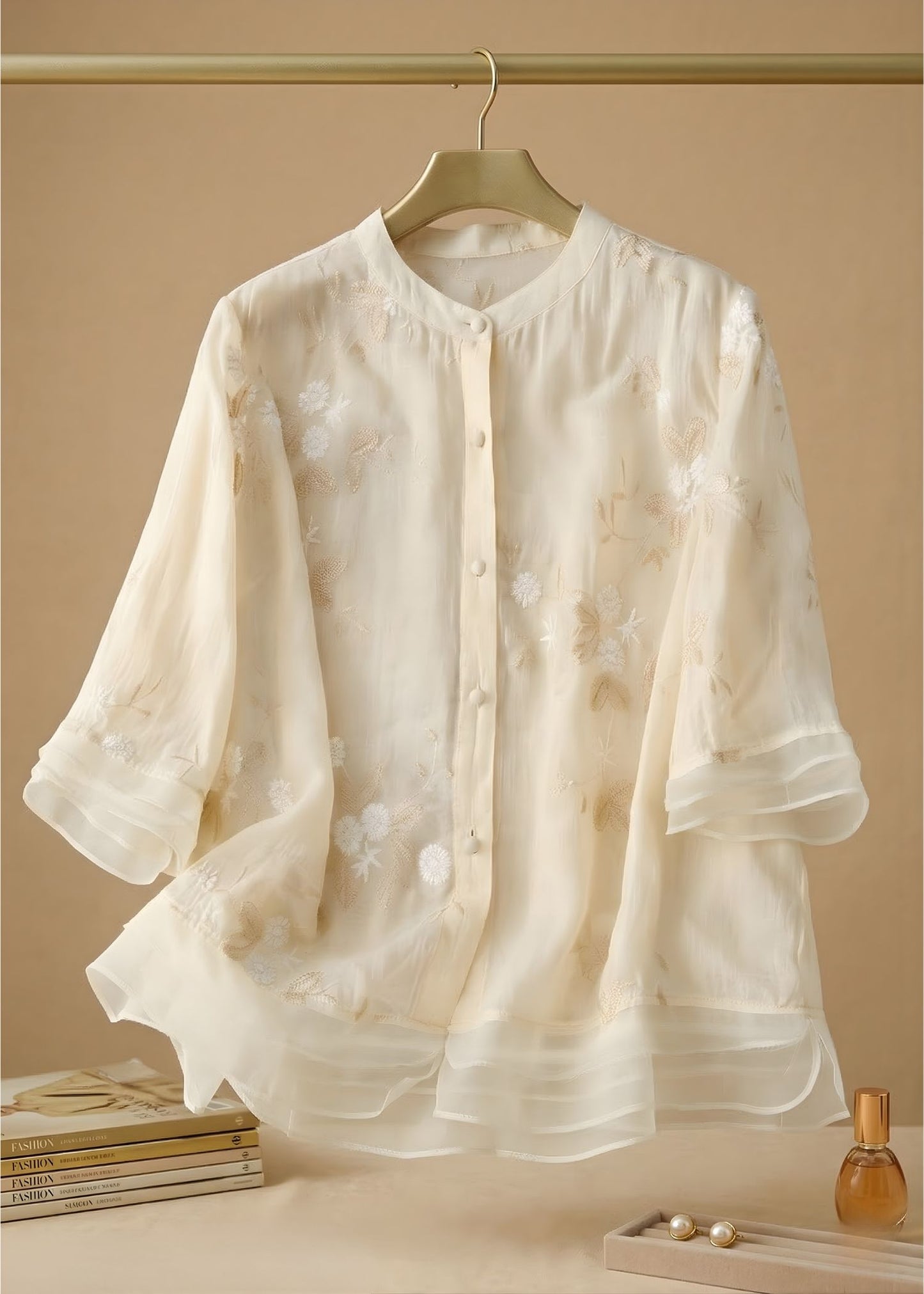 Women¡¯s Embroidered Cotton Linen Blouse with Layered Organza Trim