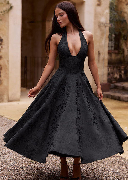 Women’s Midi Dress with Halter Neckline and Corset-Style Jacquard Bodice