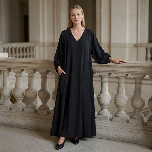 Women's Balloon Sleeve V-Neck Maxi Dress with Pockets Loose Fit Relaxed Kaftan