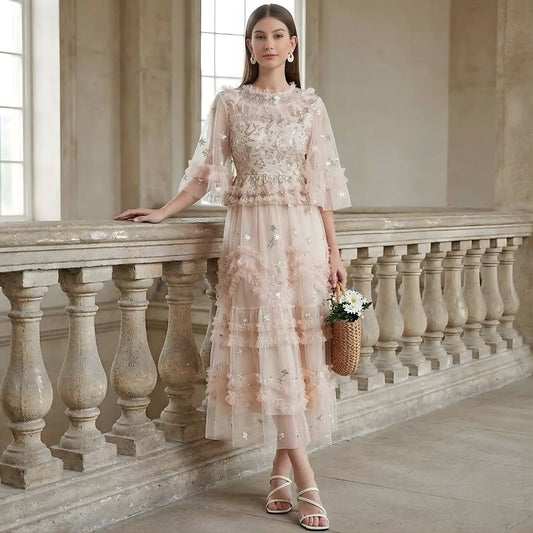Women’s Embellished Fit and Flare Midi Dress with Ruffle Details and Flared Sleeves