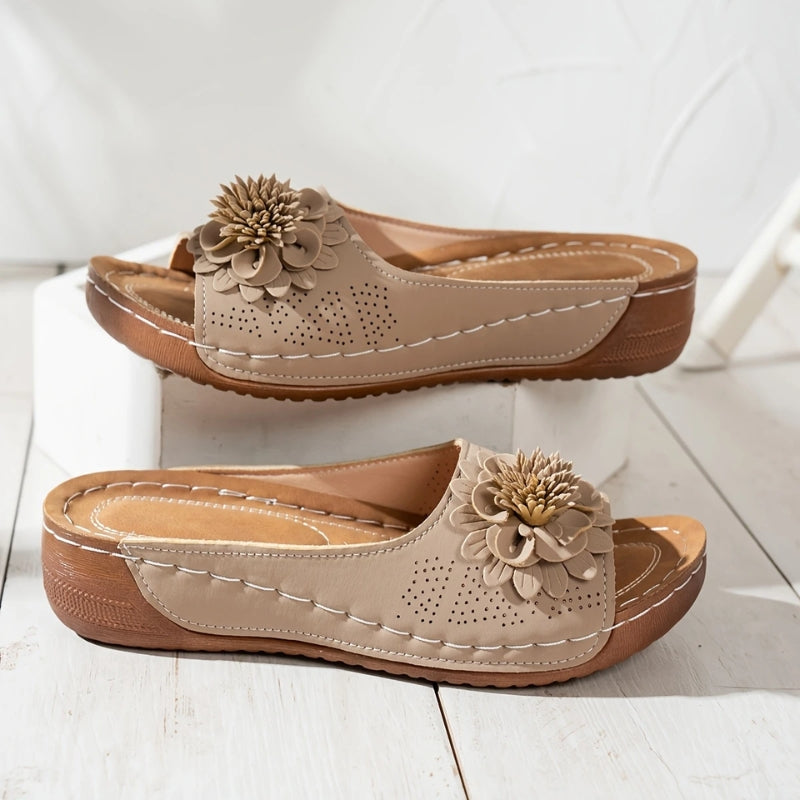 Women¡¯s Wedge Sandals with Floral Appliqu¨¦ and Perforated Slip-On Strap