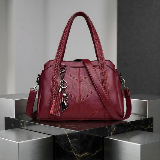 Women’s Vegan Leather Satchel with Braided Handles and Chevron Stitching