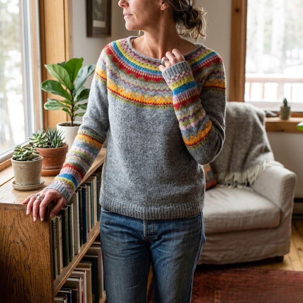 Women¡¯s Fair Isle Sweater Relaxed Fit Crew Neck Knit Pullover with Aztec Borders