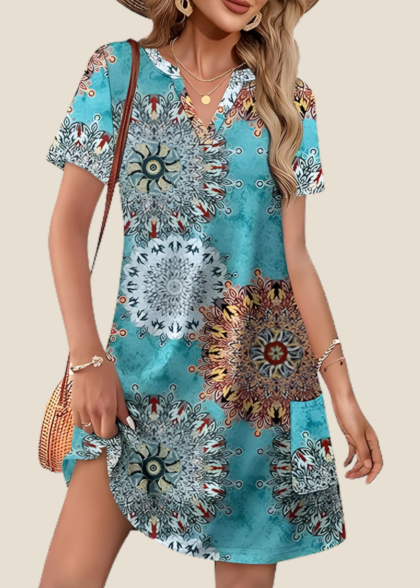 Women'sT-Shirt Dress with V-Neck and Mandala Print