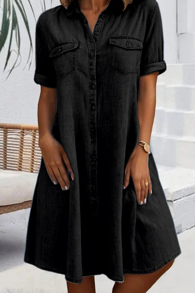 Women's Denim Shirt Dress Short Sleeve Button Down Collared Mini