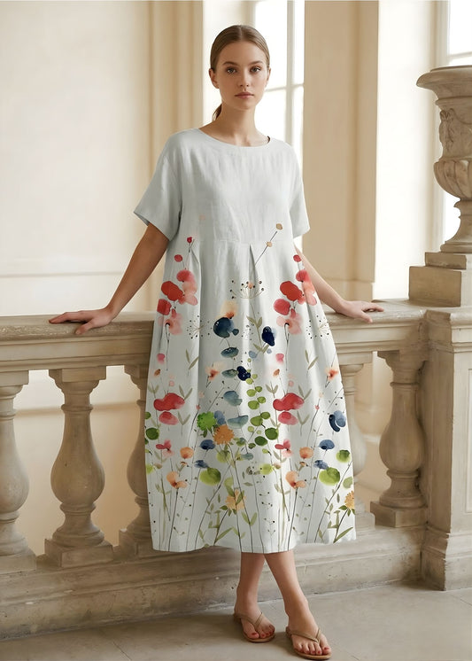 Women's Loose Fit Linen Maxi Dress with Short Sleeves and Floral Print Detail