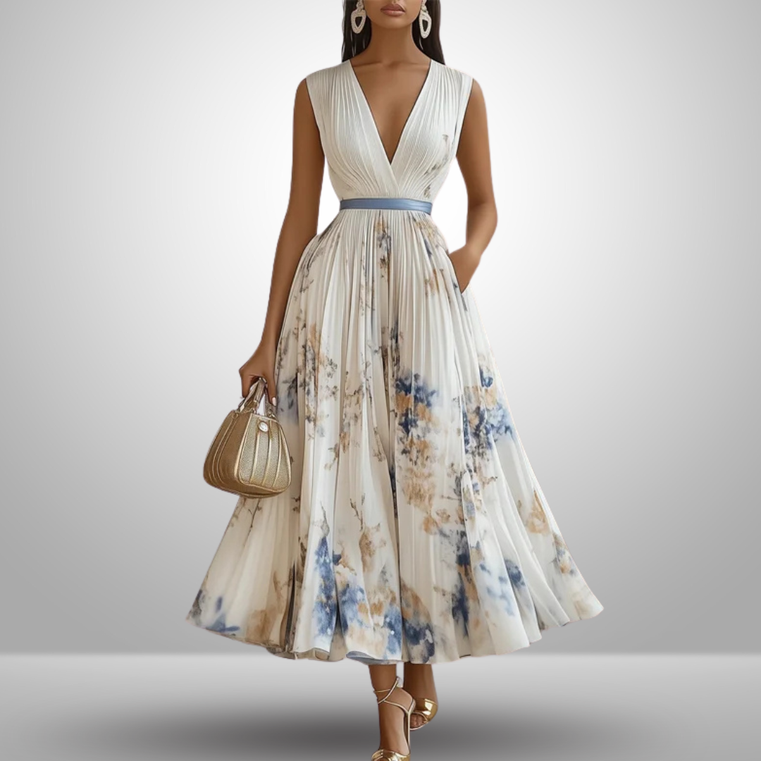 Women’s Pleated Maxi Dress V-Neck Watercolor Print Wedding Guest Gown