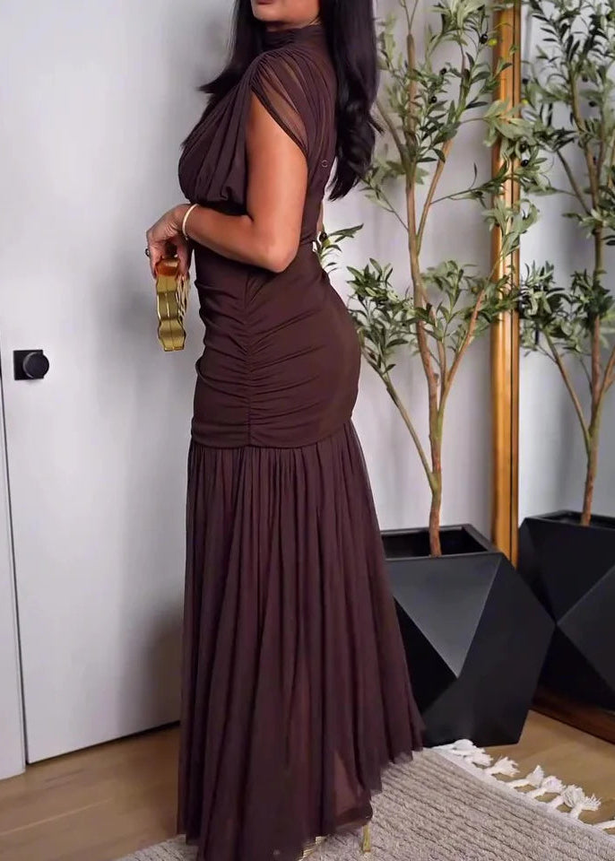 Women’s Maxi Dress with Ruched Bodycon Bodice and Sheer Mesh Overlays
