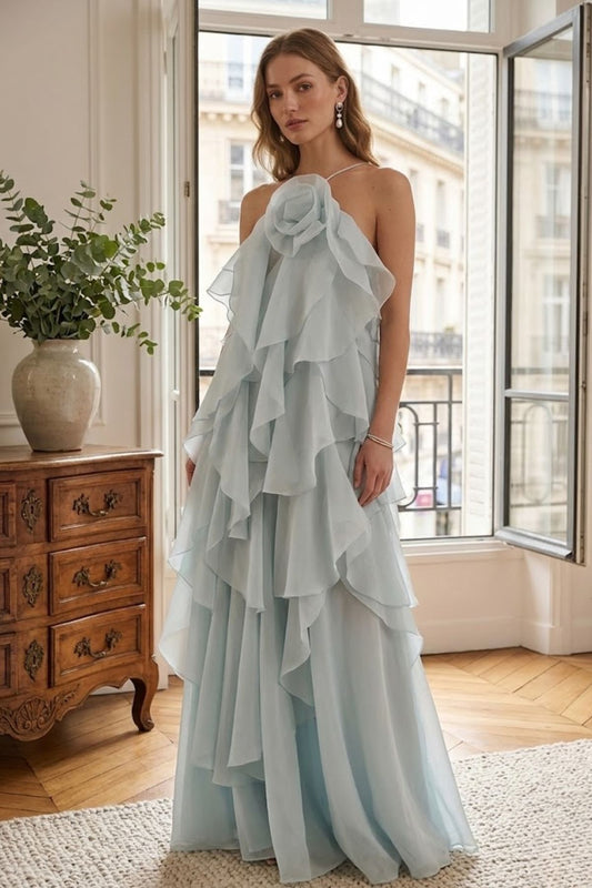 Women’s Maxi Dress with Tiered Ruffle Skirt and 3D Rose Halter Neckline